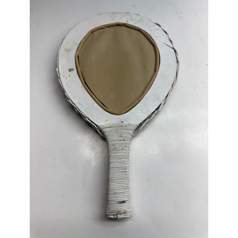 Vintage White Wicker Hand Mirror Woven Rattan Paddle Vanity Mirror Cottagecore - Picture 6 of 10